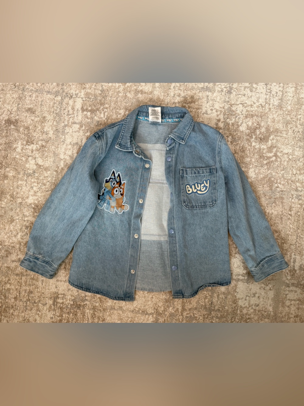 Bluey Kids Light Blue Denim Jacket with Bluey Character Patches size 5T